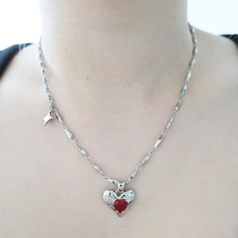 821WEBSERVICE Twinkle Cubic Heart Necklace (red)
