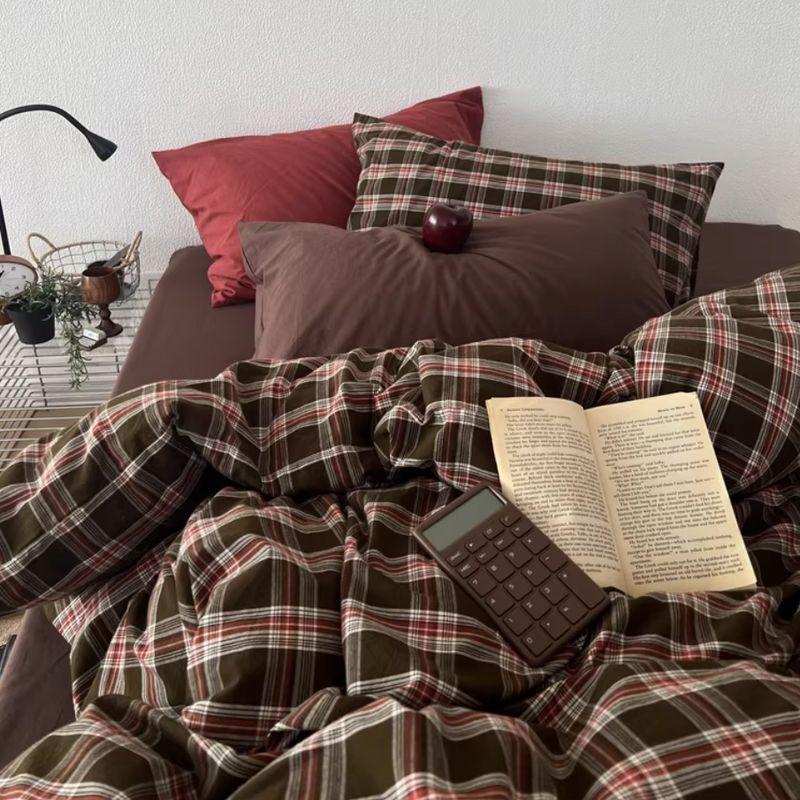 Zacht Rood en Zwart Geruit Dekbedovertrek Set Met Plat Laken En Kussensloop Zonder Vulling Voor Eenpersoons Of Queen Bed Full 180x220 4pcs