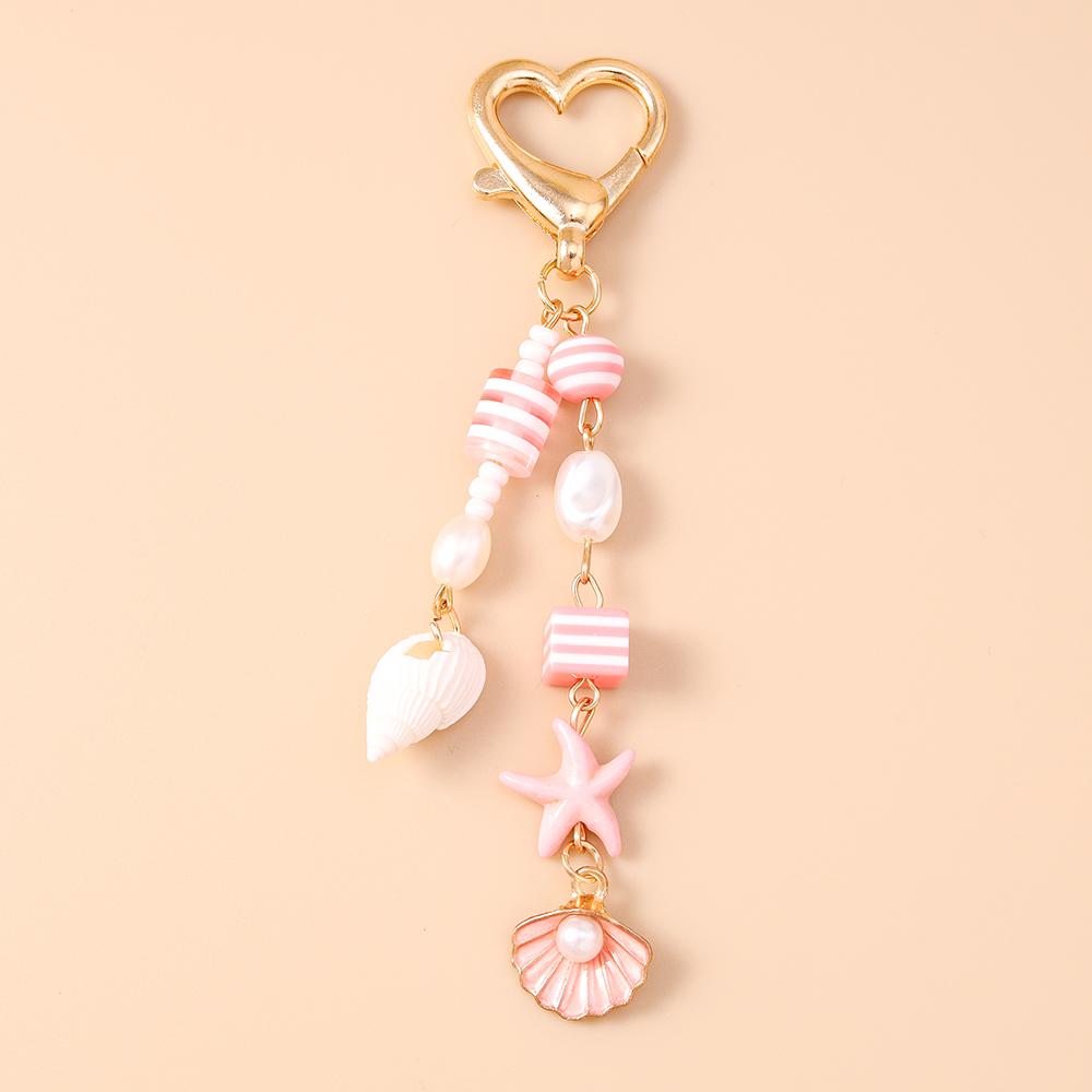 Fashion Summer Beach Shell Starfish Keychain Pearl Crystal Key Ring Pendants for Women Girls Handbag Decor DIY Jewelry Gifts