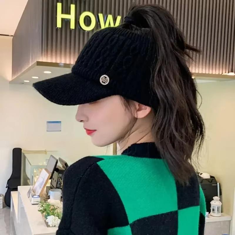 Fashion Double Layer Ponytail Beanie Winter Hat for Ski Warm Knit Cap Women Outdoor Sports Warm Hat