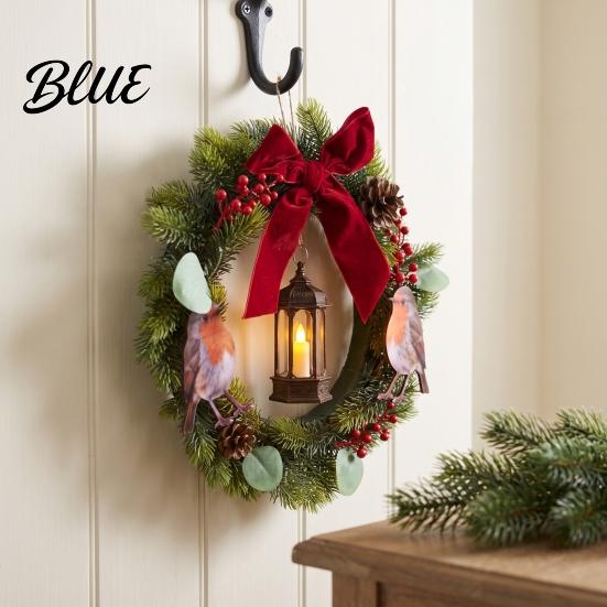 Plump Simulated Pine Branch Wreath Lighted Bird Christmas with Lantern Rustic Artificial Velvet Bow Indoor Outdoor Winter Festive Ornaments