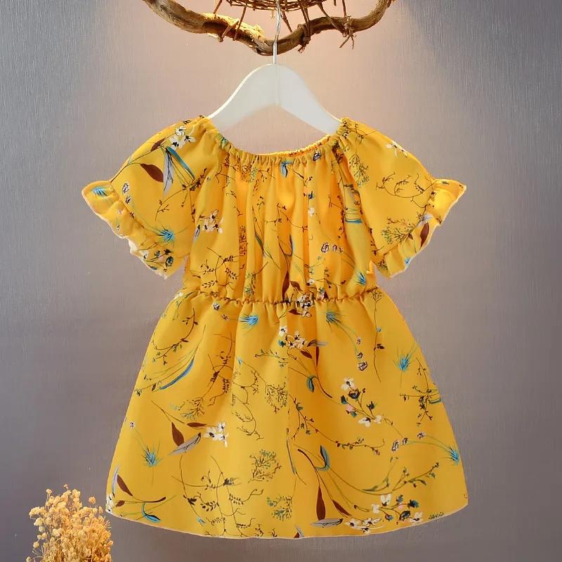 Girls Chiffon Dress Summer Children's Wear Waist 1-7 Years Old Lady Princess Floral Dress Loose Lotus Leaf