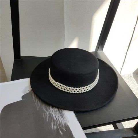 French Elegant Wool Felt Wide Brim Hat for Women, White Pearl Decorated Winter Fall Fashion Streetwear Hat
