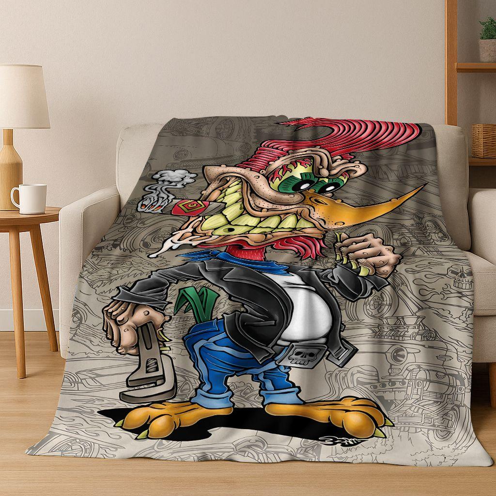 3D Buntowniczy RAT FINK Samochody Znak Kreskówkowy Koc Flanelowy, Ciepły i Przytulny Miękki Koc Rzutowy do Domu Sypialni Łóżka Sofy Pokrycie Piknikowe
