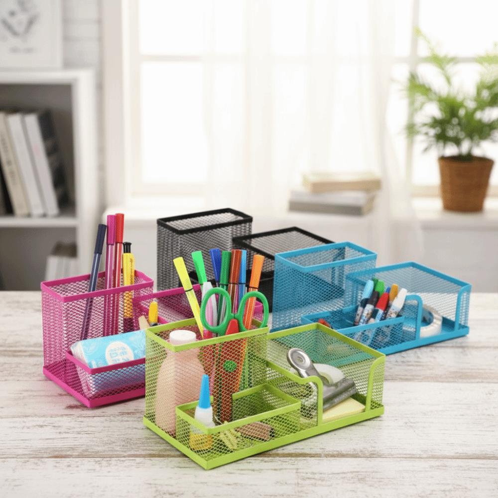 3/4 Grid Metal Mesh Pen Holder Large Capacity Makeup Brush Storage Bucket Bedroom Decoration