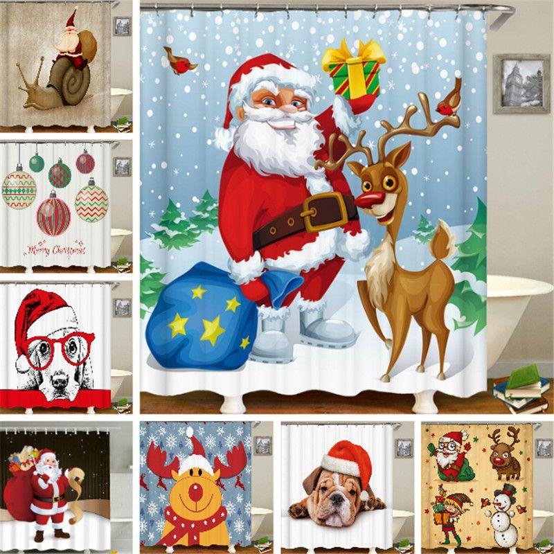 Christmas Shower Curtain With Hooks Durable Waterproof Bathroom Decor Santa Claus