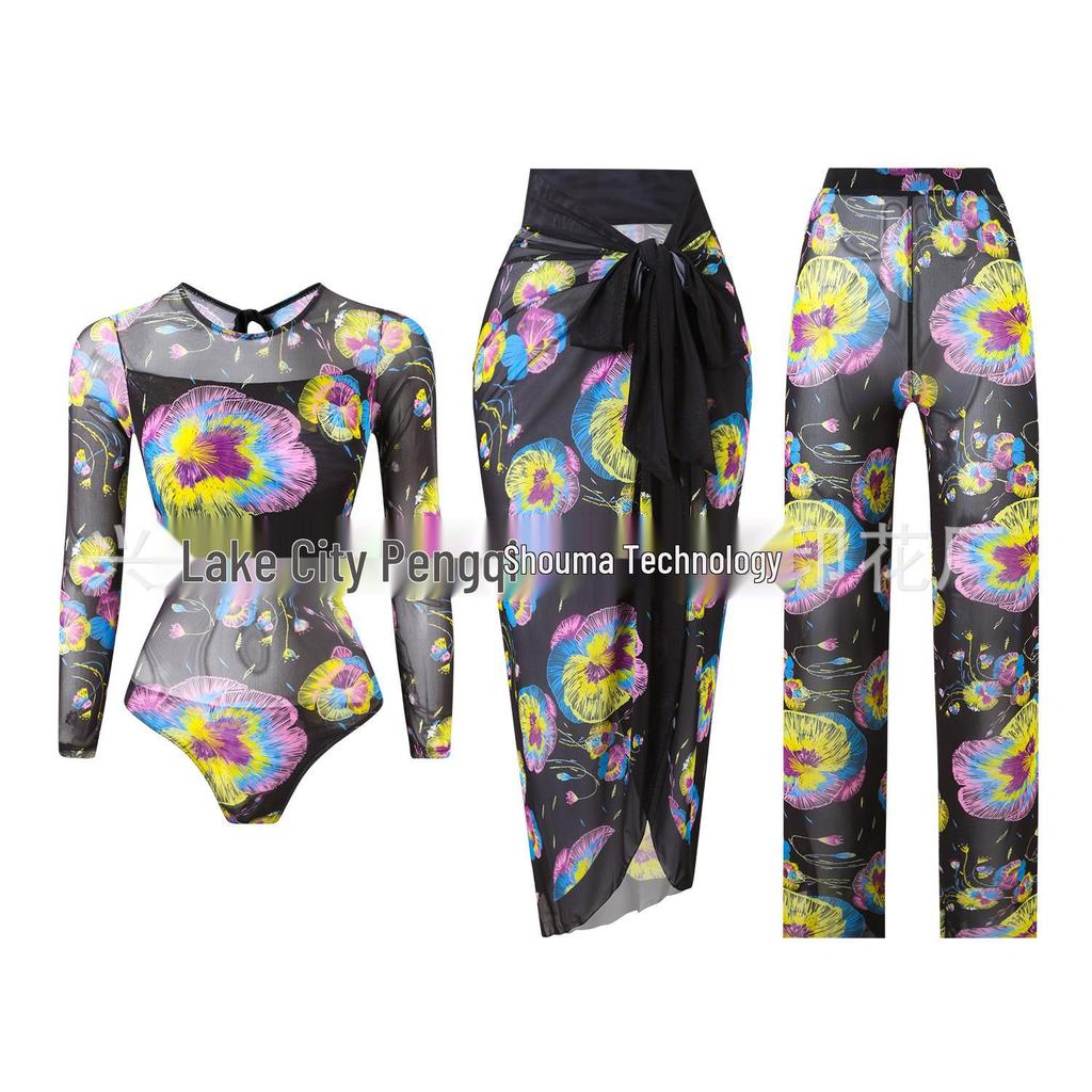 Women's Three-Piece Set: One-Piece Long-Sleeved Sun Protection Swimsuit with Mesh Long Pants