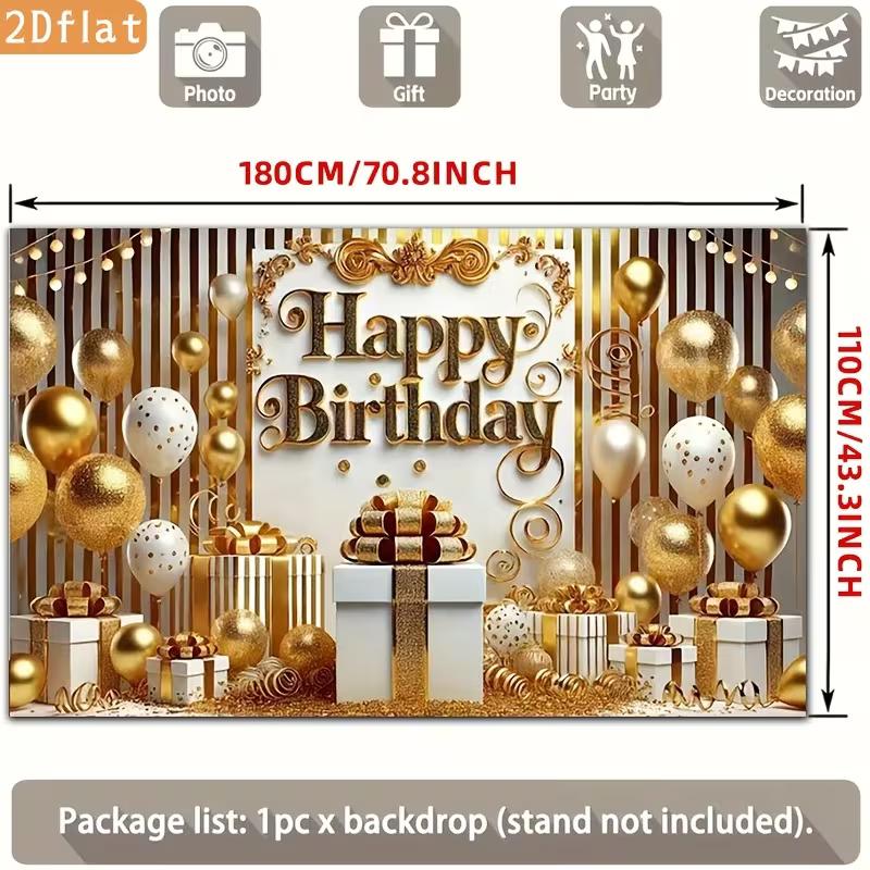2D Gold Happy Birthday Backdrop, White Gold Balloon Gift Box Photography Background for Party