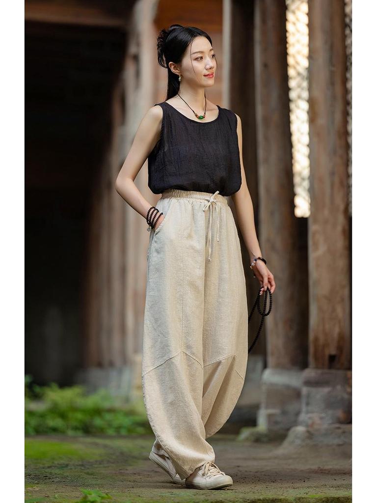 Women's Spring Retro Zen Loose Ramie Cotton Linen Harem Pants for Kung Fu Meditation