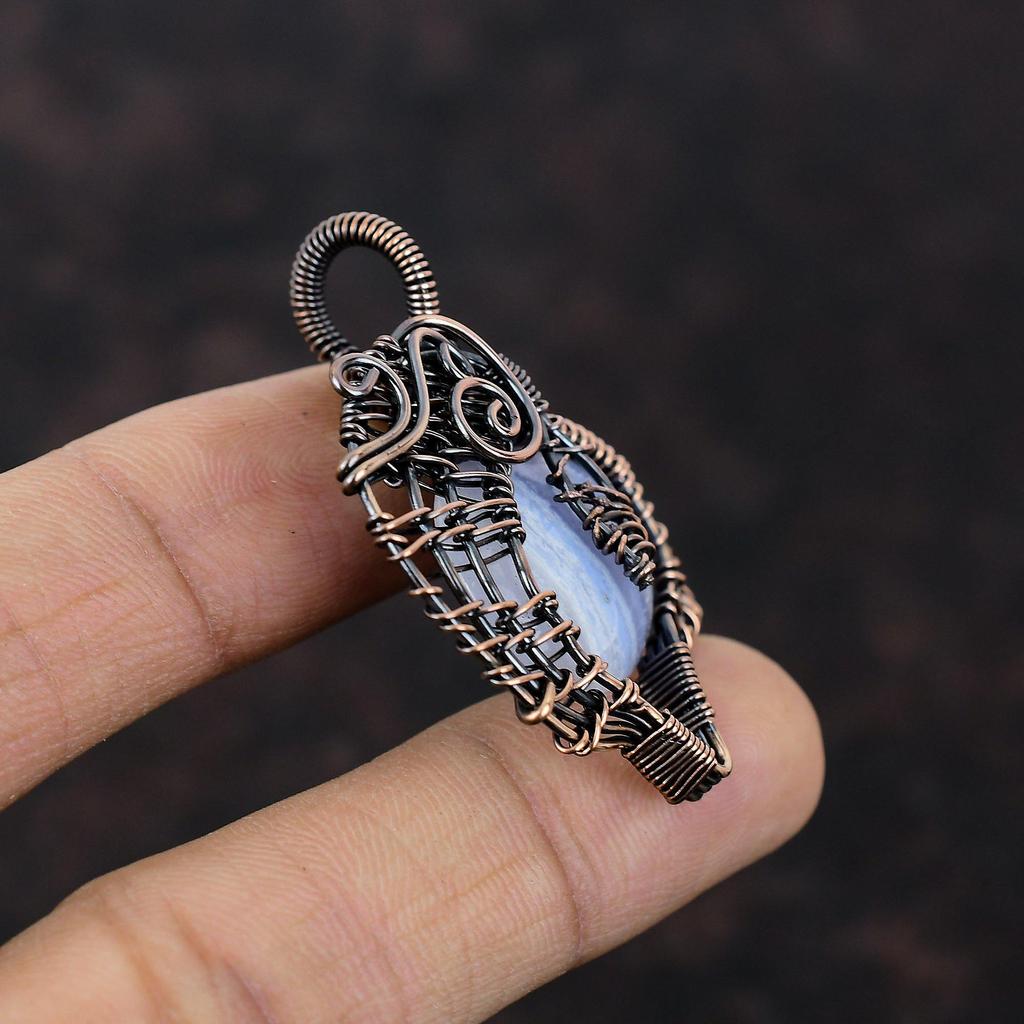 Blue Lace Agate Pendant Copper Wire Wrapped Gemstone Pendant Handmade Pendant Copper Wire Wrap Jewelry Wedding Gift Blue Lace Agate Jewelry