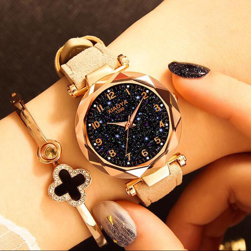 Women Luxury Watch Personality Romantic Luminous Starry Sky Wristwatch Leather Rhinestone Watch