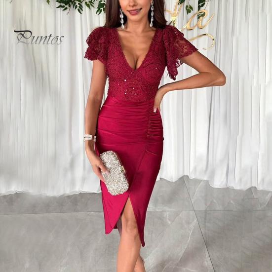 Vestido de noche para mujer, escote en V profundo, tubo ajustado