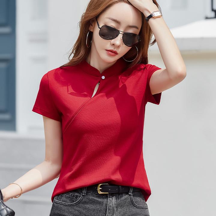 Summer Women's T-shirt Chinese Style Slim Standing Collar Short Sleeve Top