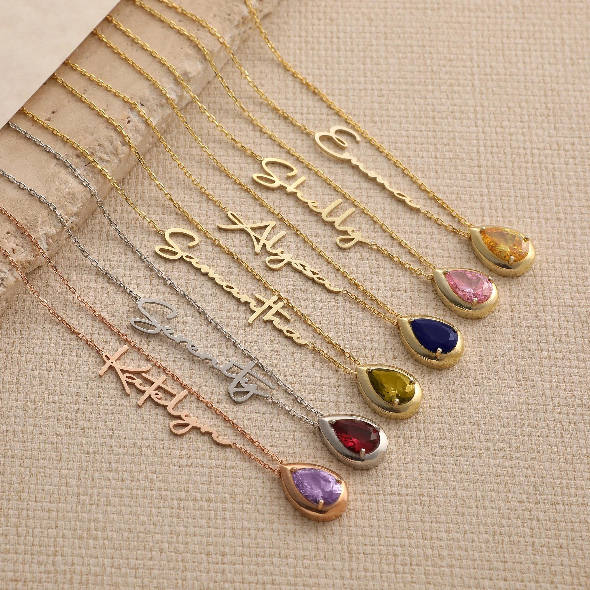 Lateefah New Simple Trendy Women Water Drop Custom Name Birthstone Stainless Steel Necklace Necklace&18inches золотой