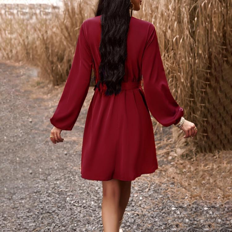 Elegant Women High Waist V Neck Lace Dress Long Sleeve Solid Fashion Mid Length Spring Autumn Dress