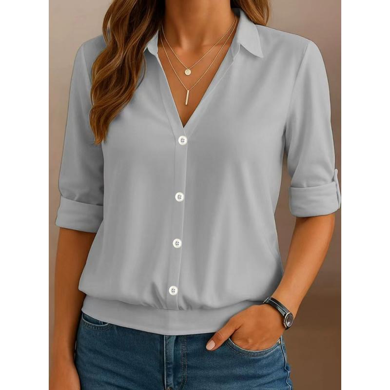 Summer Shirt New Women Casual Button Tops V-Neck Solid Color Blouse