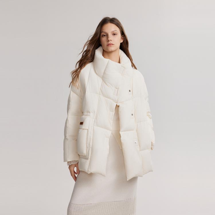 ELLE Prošívaná Sladký Cool Styl Volná Pohodlná Lehká Jednobarevná Jednoduchá Vysoká Výplň Stojáček Dlouhý Rukáv Péřová Bunda Dámské svrchní oblečení EY48897