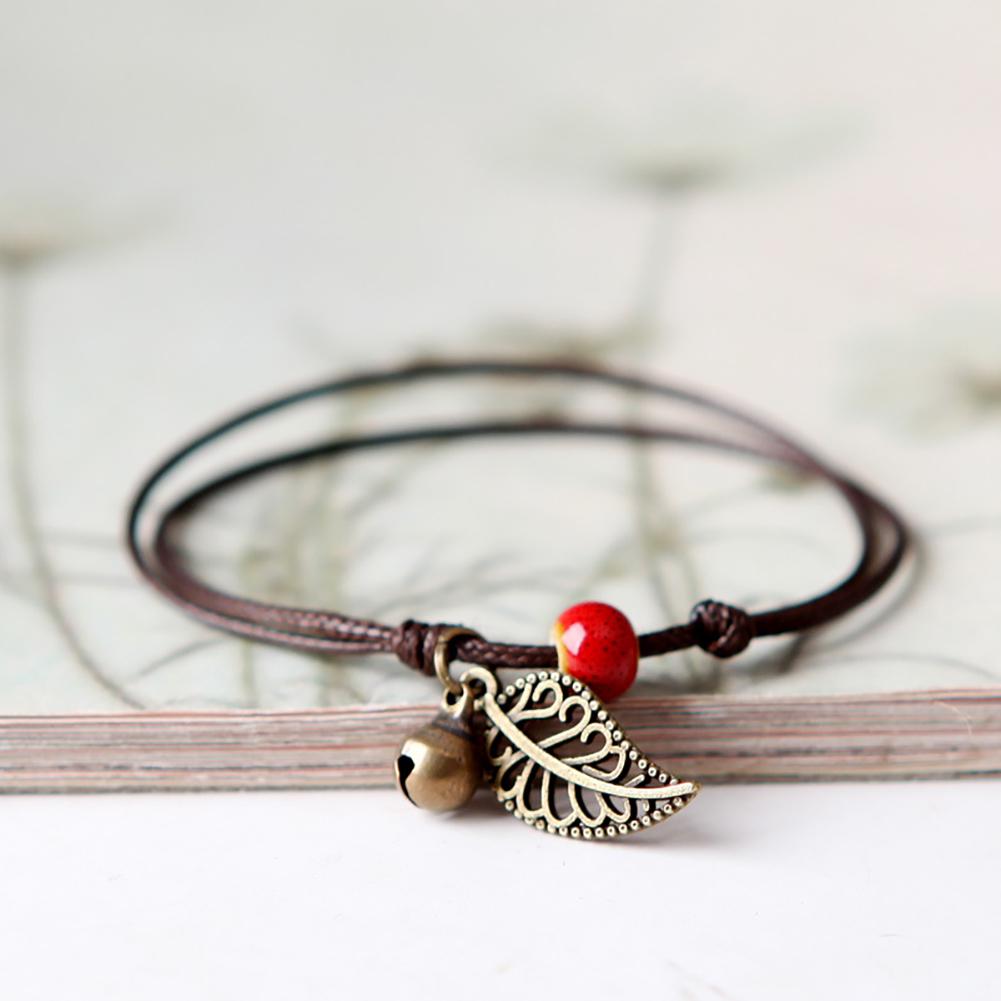 Ceramic Beaded Bracelet Bangle Rope Chain Vintage Leaf Pendant Couple Jewelry
