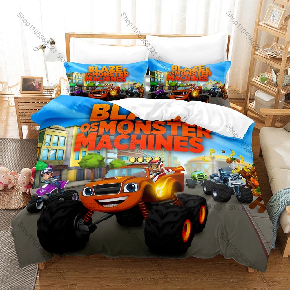 Blaze Monster Machines Theme Bedding Set 3 Pieces Kawaii Truck Print Quilt Cover Set Twin Full Queen King Size with Pillowcases