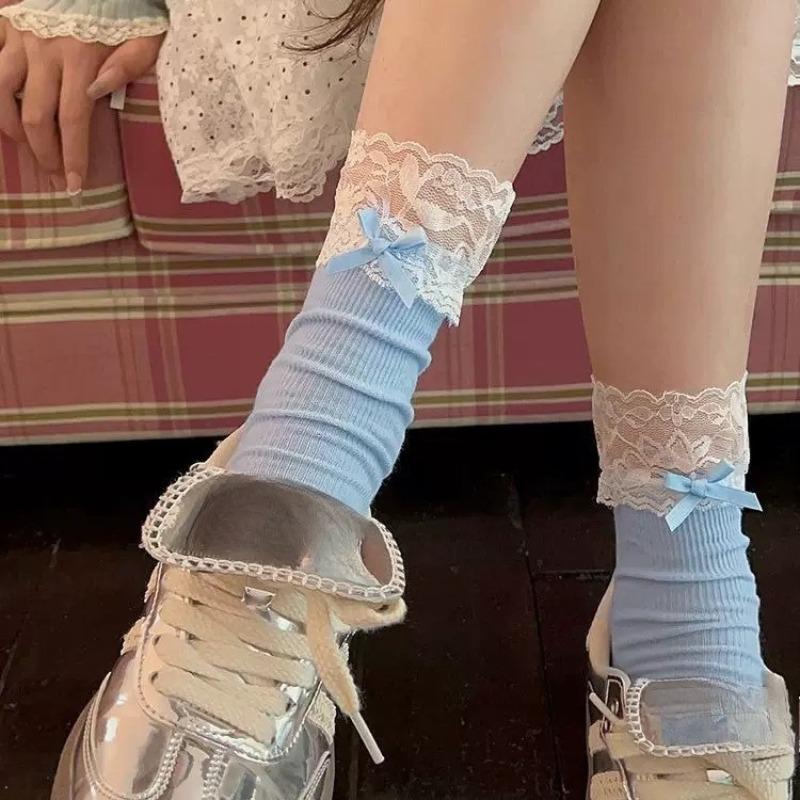 Lolita-Socken im Ballettstil, Spitzenborte, Süße Mid-Calf-Damensocken, Vielseitige Schleife, Baumwollsocken, Frotteesocken