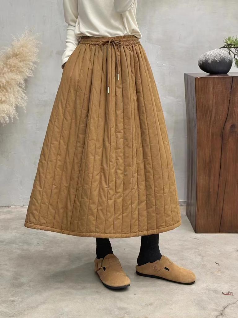 Johnature Woman Winter Vintage Personality Elasticated Waist A-Line Skirt Niche Solid Color Skirts