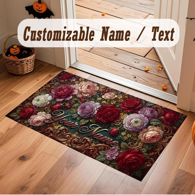 Floral Garden Theme Soft Crystal Velvet Rug Custom Name & Text Print Non Slip Floor Rug for Bedroom Living Room