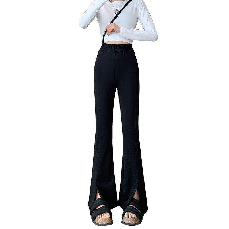 Black Split-ended Slightly Horseshoe Pants for Women, Spring and Summer New High-waisted and Thin Elastic Floor-mopping Bell Pants