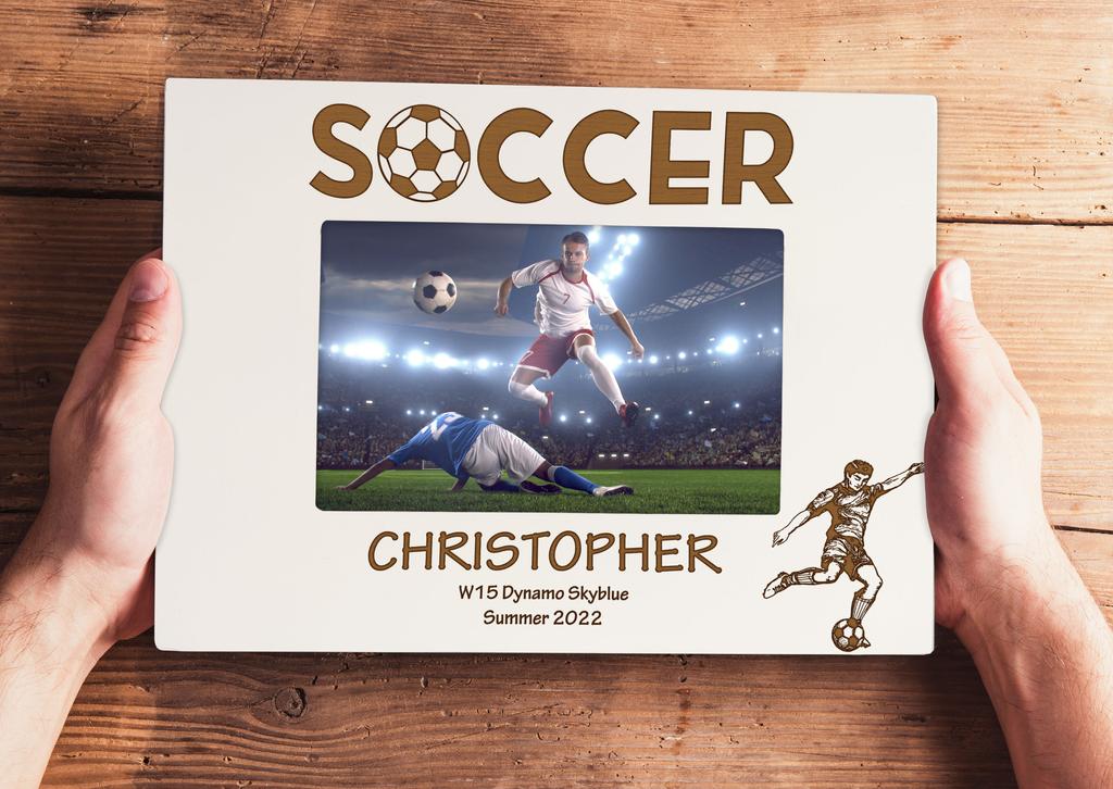 Darling Souvenir MADE WITH LOVE Personalized Wood Engraved Picture Frame, Table Top White Photo Frame (Soccer)