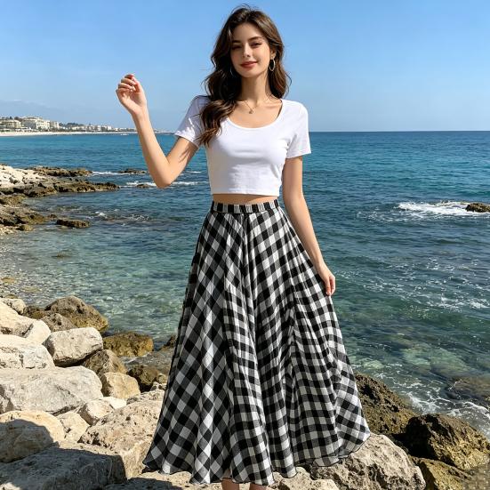 Women Maxi Skirt, Elastic Waist Plaid Print Long Skirt, Flowy Hem Lightweight Summer Skirt for Beach Travel Vacation Party