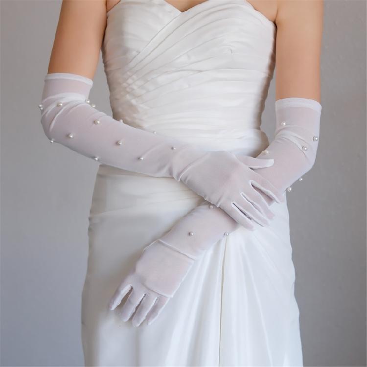 Elegant Gloves Pearls Full Finger for Proms Concert Evening Banquet Accessory Long Gloves for Bride and Bridesmaids