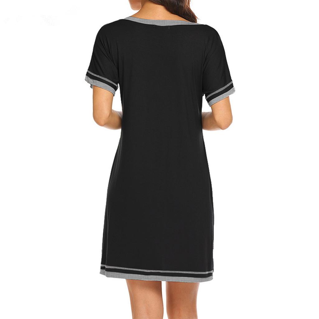 Women Fashion Short Sleeve Causal Patchwork Pullover Loose Home Sleep Dress