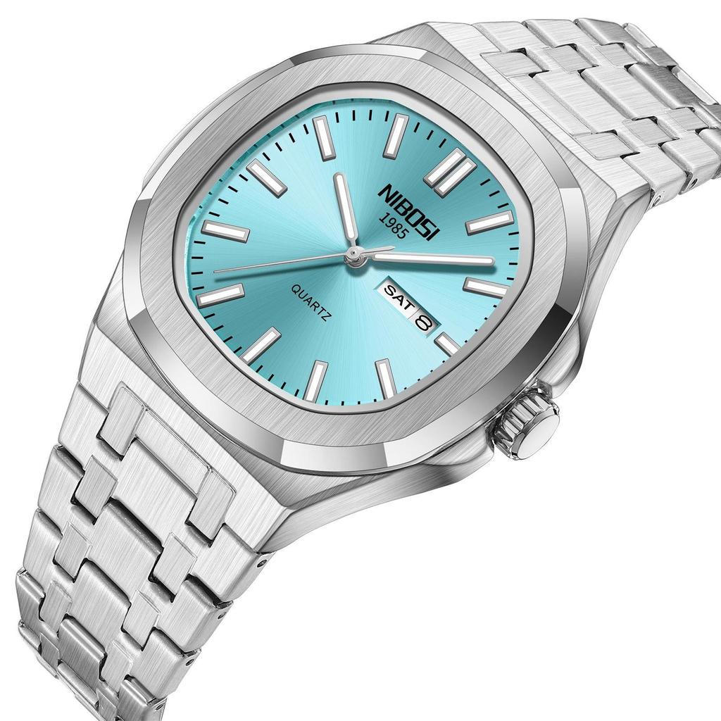 Waterproof Mens Square Quartz Watch Luminous Day Date Display Steel Strap Classic Casual Daily Wristwatch