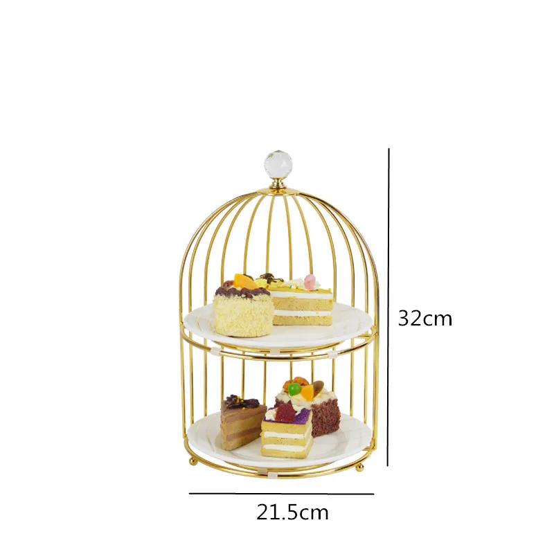 Birdcage Double Layer Cake Stand Wrought Iron Display Stand Ceramics Three-tier Fruit Tray Afternoon Tea Dessert Decorative Rack