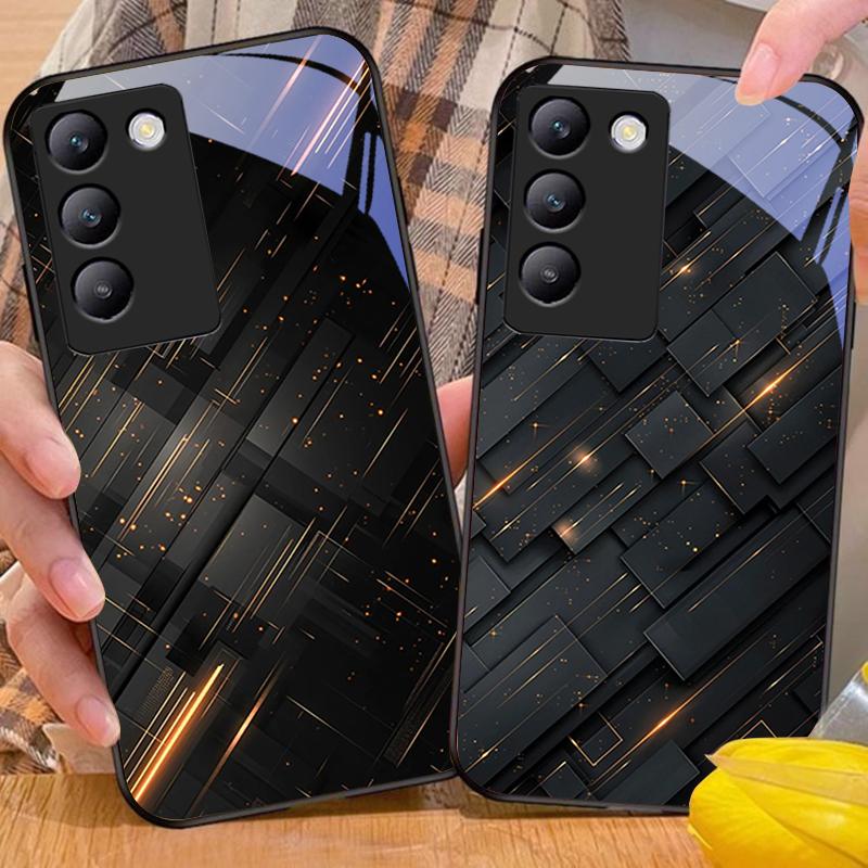 Meteor Golden Bead For Y72 33S 11 03 36 96 Lite 35 16 Iqoo 12 V40 SE 5G 29 40 21 30 X80 Pro Vivo Tempered Glass Phone Case Black
