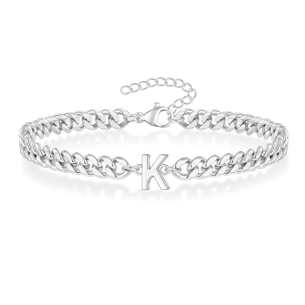 Vnox A-Z Iniziale Braccialetti a Catena Cubana per Uomo Donna, Acciaio Inossidabile Colore Argento Maglie Ovali, Braccialetto con Ciondolo Lettera Nome Regalo