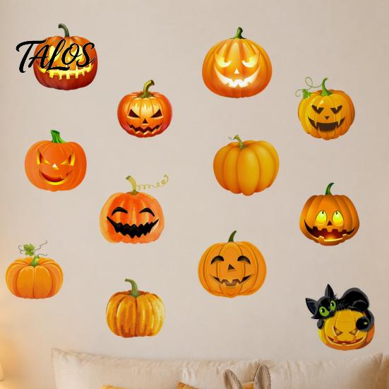Decorative Jack O' Lantern Wall Art 3 Sheets Halloween Ghost Face Pumpkin Sticker, Cute Black Cat PVC Window Decals for Parties Decals, Waterproof