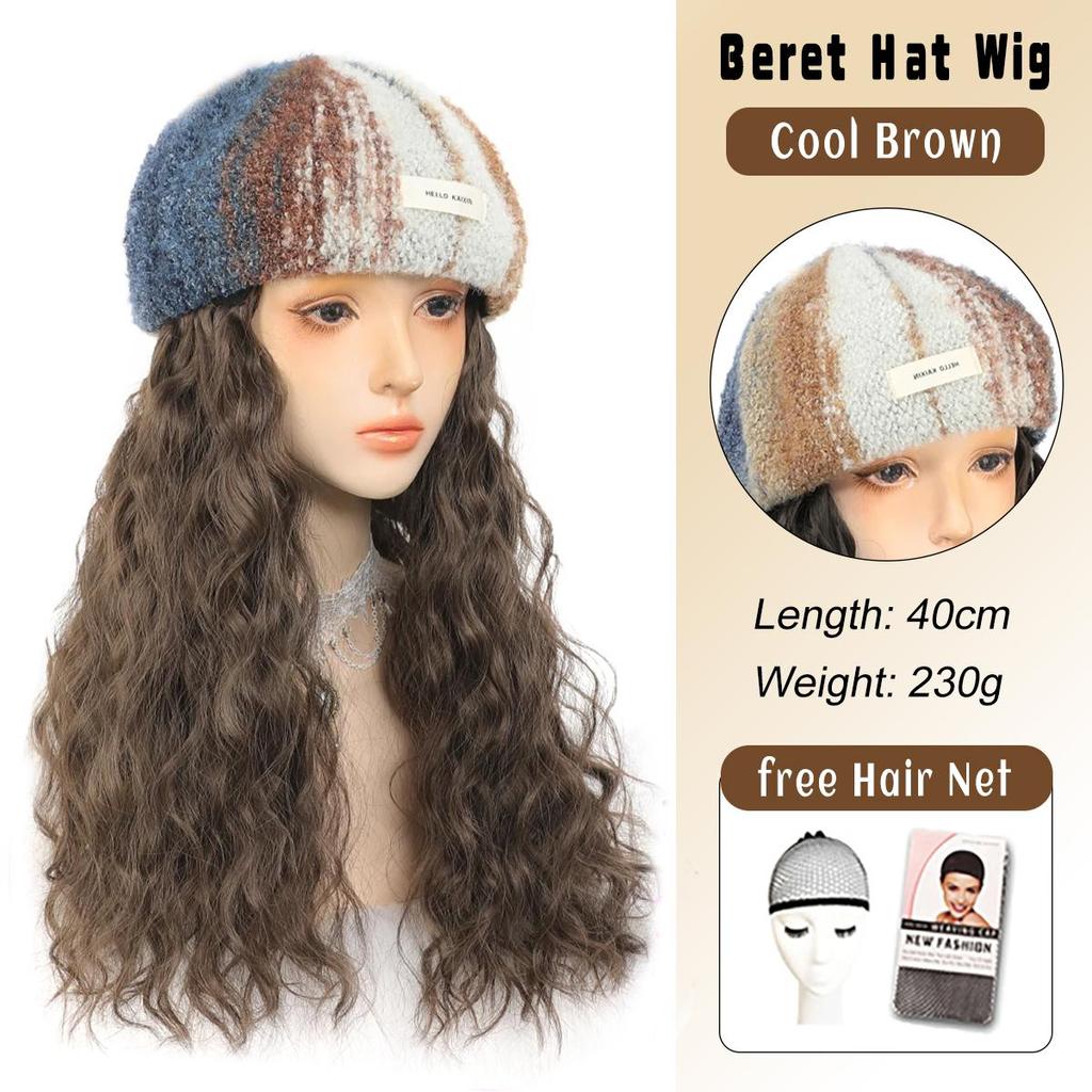 Synthetische Hutperücke für Frauen, langes gewelltes Haar, warm, weich, gestrickt, Herbst- und Wintermütze, hitzebeständig