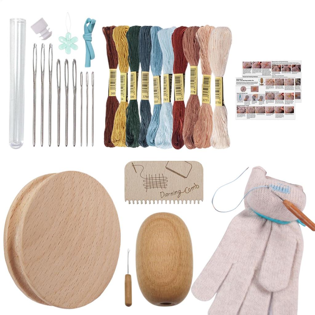 Sock Darning Kit Wooden Disc With 9 Needles Darning Egg Mending Sock With Threader And 10 Colors Sewing Threads For Sock Darning