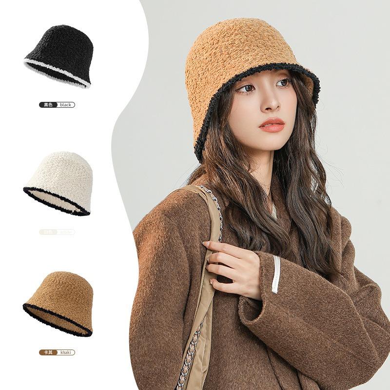 Bucket hat women's autumn and winter versatile color matching basin hat simple and fashionable face small face cover plush bucket hat winter