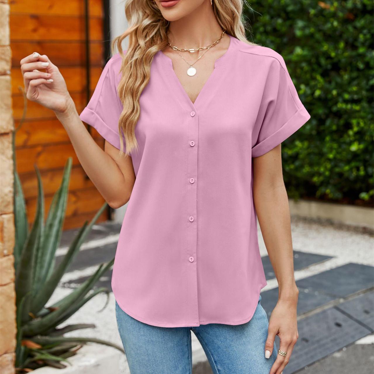 

HNXC Женские модные повседневные летние однотонные блузки и рубашки с короткими рукавами и v-образным вырезом с принтом XXL