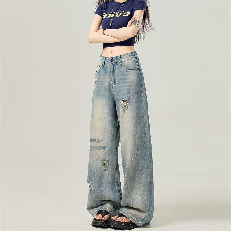 

Women s Ripped Jeans - Petite Loose Fit, Wide Leg, Autumn/Winter 2026 Style S светло-синий