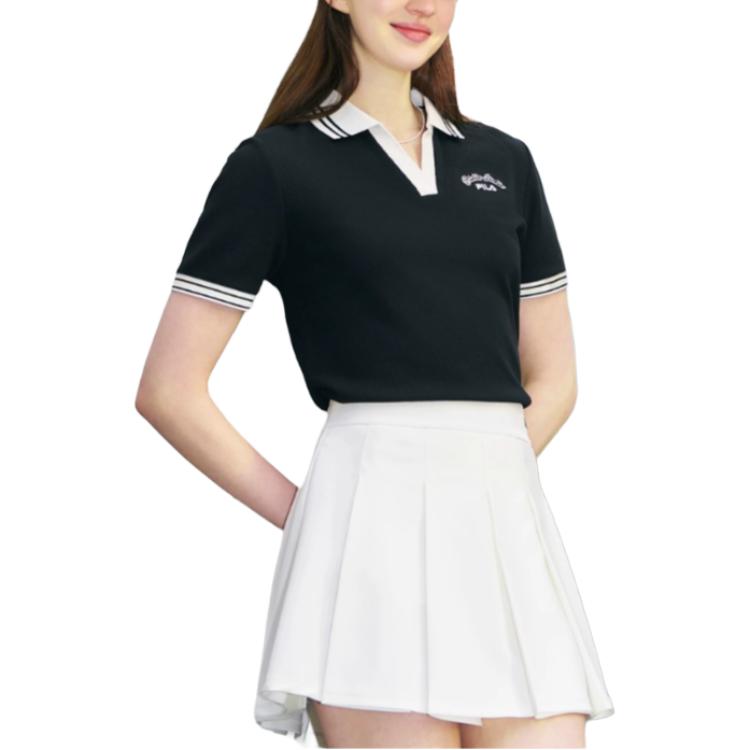 Fila Tennis Stylish Comfortable Breathable Color Block Vintage College Style Embroidered Logo Short Sleeve Polo Shirt Women Tops Black A51W523101F-BK