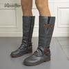 Women Fashion Cowboy Knee high Leather Side Zipper Autumn Spring Long Anti slip Buckle Straps Botas Mujer Low Heel
