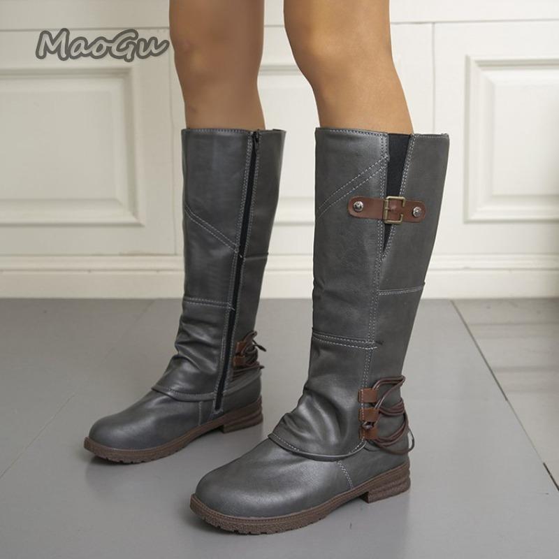 Women Fashion Cowboy Knee high Leather Side Zipper Autumn Spring Long Anti slip Buckle Straps Botas Mujer Low Heel
