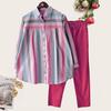 2Pcs/Set Lapel Long Sleeve Single Breasted Mid-rise Pockets Casual Outfit Striped Print Shirt Solid Color Pants Set