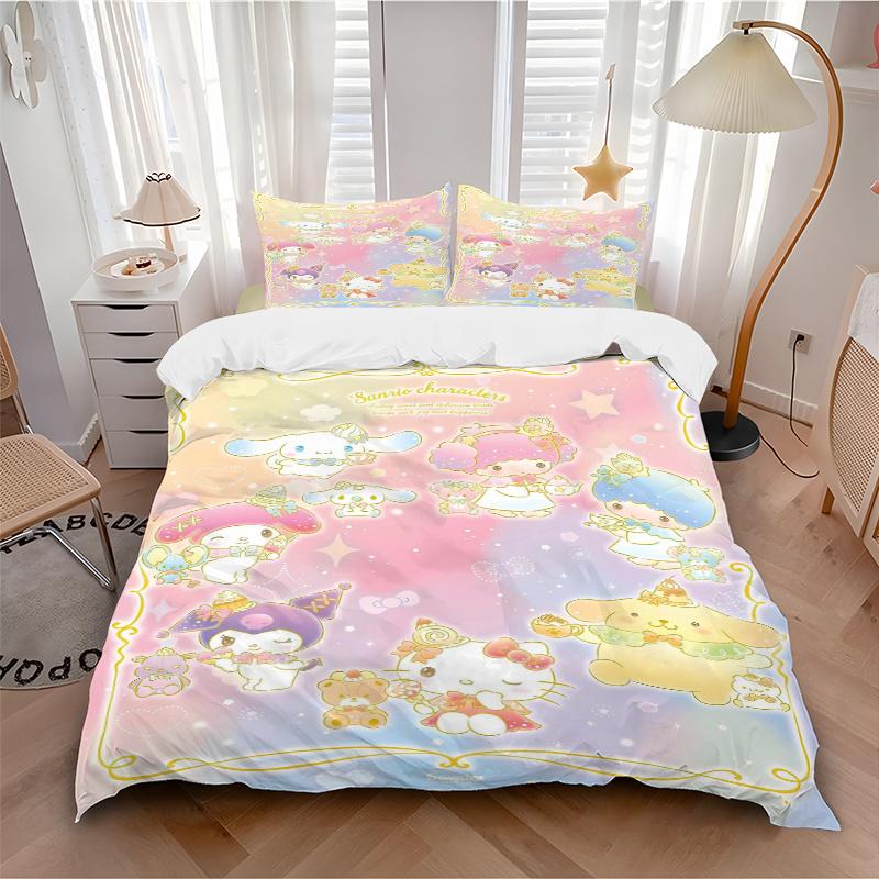 3pcs Joy and Happiness Sanrio Characters Quilt Cover Set - Soft & Comfortable Polyester Fabric, All-Season Breathable Comforter Set For 1 Quilt C
