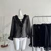 Camicia da Donna Autunnale Nera Semi-Trasparente con Scollo a V, Pois Ricamati e Volant, Manica Lunga, Stile Chic Francese