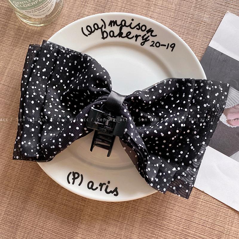 Korean polka dot three-layer mesh smart bow ponytail clip half tie hair back head shark clip clip hair jewelry
