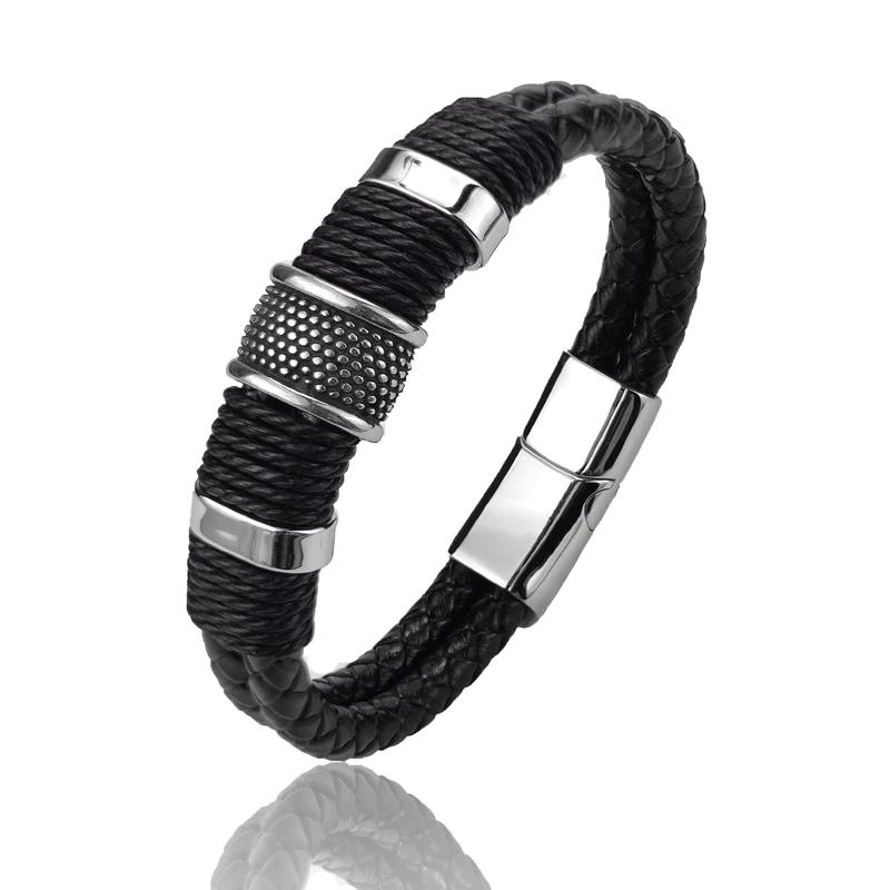 Luxury Vintage Brown Leather Men Bracelet Stainless Steel Bead Wrist Bangle Christmas Gifts for Him