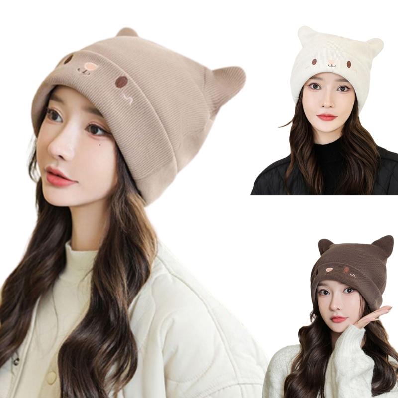 Winter Cute Cat Ear Knitted Hat Warm Beanie Winter Pullover Cap for Womens Girls